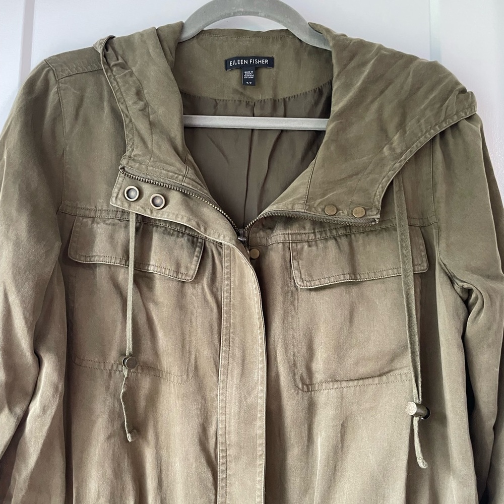 Eileen Fisher Utility Jacket Olive Green Hooded Lightweight Coat Minimalist - Picture 5 of 10